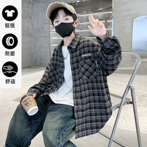 เสื้อเชิ้ตแขนยาวลายสก็อตฤดูใบไม้ร่วงสำหรับเด็กชาย ฤดูใบไม้ผลิและฤดูใบไม้ร่วง เสื้อผ้าเด็ก ผ้าฝ้ายผสม คอกลม ปกติ