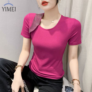 Yimei áo cổ chữ V bất đối xứng Áo Thun Nữ Đính Kim Cương chéo mới mùa hè 2023 Áo Thun phụ nữ da đen ôm vừa đa năng cotton