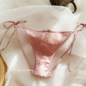 กางเกงในผ้าตาข่ายลูกไม้เซ็กซี่สำหรับสาวๆกางเกงขาสั้นทรงสามเหลี่ยมเอวต่ำซีทรูเป้าผ้าฝ้ายผูกเชือกสีพื้นฉลุลายไซส์ใหญ่