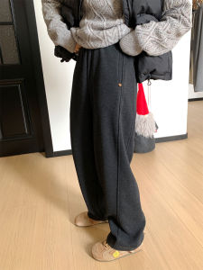 กางเกงขายาวทรงตรงเอวสูงบุขนแกะหนาสำหรับผู้หญิงในฤดูใบไม้ผลิและฤดูใบไม้ร่วง กางเกงขายาวทรงฮาเร็มทรงตรงทรงสลิมฟิต