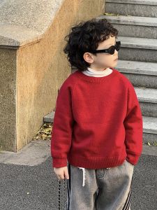 Red Knitted Sweater for Boys Spring Autumn Winter Inner Wear Base Layer Long Sleeve round Neck Simple Style Warm Machine Washable