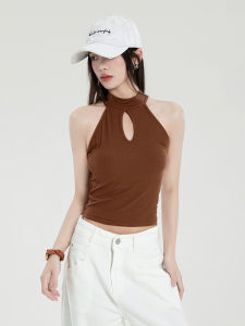 Áo Vest Ngắn Không Tay Cổ Treo Ôm Vừa Vặn Mùa Hè 2025 Màu Cà Phê Mỹ Dành Cho Nữ Thời Trang Thường Ngày Chất Liệu Polyester