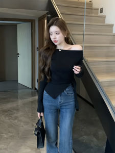 Áo Sơ Mi Dài Tay Hở Vai Thắt Eo Không Đều Mùa Thu Mới Dành Cho Nữ Chất Liệu Cotton Pha Trộn Dáng Ôm Vừa Vặn Cổ Chéo Không Mũ Không Tay Dài