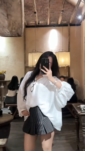 Áo sơ mi kiểu cách điệu retro chất Đũi mềm công sở tay bồng form rộng cổ trụ thanh lịch