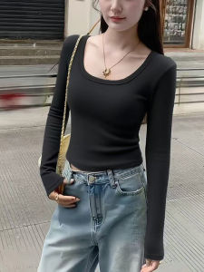 เสื้อยืดคอกลมแขนยาวทรงสลิมฟิตสำหรับผู้หญิง ทรงสลิมฟิต สีดำ ทรงเข้ารูป แฟชั่นฤดูใบไม้ร่วง เสื้อผ้าทำงาน ผ้าฝ้าย สไตล์สาวฮอต