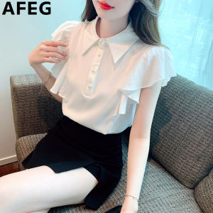 AFEG solid color Korean version lapel fashion loose temperament chiffon lotus sleeve blouse for women
