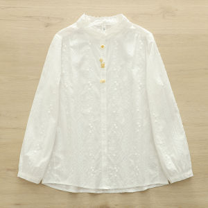 Áo Sơ Mi Cotton Dài Tay Cổ Đứng Phong Cách Ngọt Ngào Cho Nữ Mùa Xuân 2025 Áo Sơ Mi Nữ Dáng Rộng Cổ Điển Thường Ngày