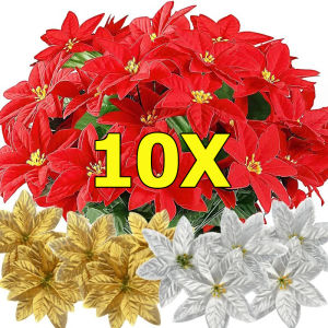 10Pcs 14cm Christmas Red Poinsettia Artificial Flowers / Gold Silver Glitter Flowers Xmas Tree Wreath Garland Ornaments / Wedding Holiday Party Decor