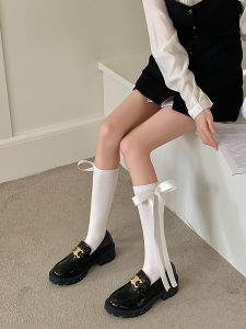 Korean Style Black and White Calf Socks Womens Sweet Ribbon Big Bow Stockings Japanese Style JK Lolita Knee-Length Thigh High Socks