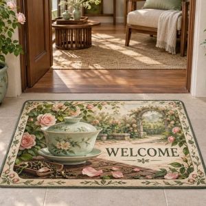 Thảm Chào Đón Lá Cây Chanh Sợi Tự Nhiên VIKAMA Thảm Lối Vào Có Lớp Chống Trượt Mùa Hè Trang Trí Họa Tiết Thực Vật Mềm Mại Giặt Máy Được