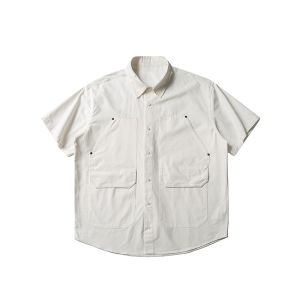 เสื้อเชิ้ตแขนสั้นทรงหลวม NOEARS สีขาว กระเป๋าคู่ สไตล์ย้อนยุค เสื้อเชิ้ตคอโปโลแขนสั้นผ้าฝ้ายสำหรับฤดูร้อน