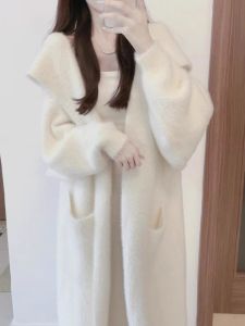 Mid-Length Knitted Sweater Cardigan with Hood for Women Loose Fit Long Sleeves Pure Color Work Style Casual Chic Winter Warm