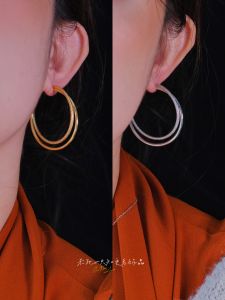 French Style Fashionable Double Layered Large Hoop Earrings Clip-Ons for Women No Piercing Required Alloy with Gold Plating