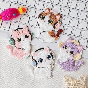 Cute Wearing Headphones Cat Self-adhesive Embroidery Patch Decoration Childrens Clothing Pasting Phone Case DIY Stationery