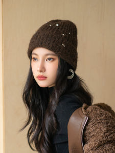 Crazy Hat Thick Wool Knitted Hat Womens Beanie Hat Rhinestone Trendy Cool Velvet Woolen Cap Fall and Winter Daily Shopping