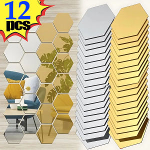 12Pcs 3D Hexagon Acrylic Mirrors Modern Wall Tiles for Living Room Home Decoration Self Adhesive Honeycomb Wall Stickers