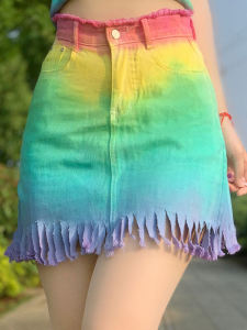 Japanese Style Original Summer High Waist A- line Skirt Sweet College Style Slim Looking Tie-Dye Denim Skirt Female All-Match Tutu
