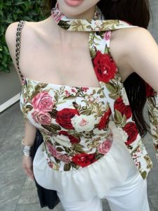 GUZILIAN | Summer Slim Fit Short Sleeveless Vest Womens Outerwear Print Halter Neck Backless Tube Top Korean Style Commute Fashion