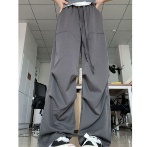 กางเกงขายาวทรงหลวมเอวสูงสไตล์อเมริกันสำหรับผู้หญิง กางเกงขายาวทรงหลวมสีเทา กางเกงขายาวลำลองฤดูใบไม้ร่วง/ฤดูหนาว กางเกงขายาวทรงหลวมสำหรับผู้หญิง