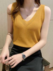 Hollow Out Knitted Ice Silk V-Neck Sleeveless Top Vest