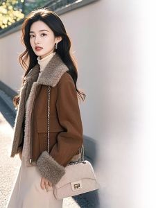 Lamb Fur Jacket Womens Winter Fashion Unique Elegant Coffee Color Fleece Lined Leather And Fur Integrated Stylish Top