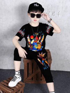 Boys Summer Cotton Set Short Sleeve T-Shirt And Seven-Quarter Pants Cute Childrens Clothing Casual Style Cartoon Pattern
