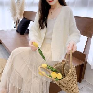 Áo Len Cardigan Dệt Kim Ngắn Dáng Rộng Mùa Xuân Thu Cho Nữ Áo Khoác Ngoài Mỏng Cổ Chữ V Nút Dài Tay Thường