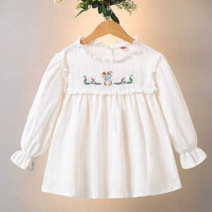 Princess Style Long Sleeve Embroidered Ruffle Collar Cotton Shirt for Girls Baby White Top Children Doll Shirt Spring Autumn