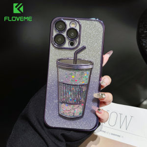 FLOVEME Liquid Glitter Quicksand Cup Phone Case For iPhone 15 14 13 12 11 Pro Max 15 Plus With Lens Film Protector Plating Frame Soft TPU Shockproof Back Cover For iphone 15 14 13 12 11