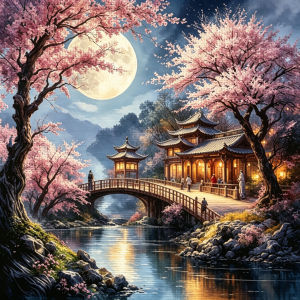 HUACAN House Waterfall Embroidery Kits Moon Landscape DMC Set Cross Stitch Sets Cherry Blossom Mountain Tree Needlework 11CT