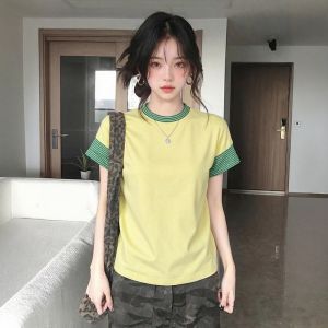 CHOEFULYN | Áo Thun Tay Ngắn Thiết Kế Pháp In Sọc Đan