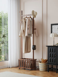 TINGXU | French Vintage Wooden Coat Rack with Storage Basket Mobile