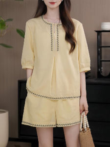 Shalldoer | Fashionable Casual Womens Summer 2025 New Style Slimming Shirt Shorts Two-Piece Set Lightweight Breathable Round Neck Short Sleeve
