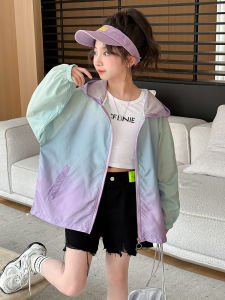 Girls Summer Lightweight Breathable Ice Silk Hooded Sun Protection Clothing Gradient Color Casual Style Children Outdoor Wear