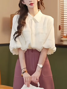 เสื้อเชิ้ตแขนสั้นผู้หญิง ทรงหลวม แฟชั่นฤดูร้อน ทรงหลวม ทรงสลิม เสื้อเชิ้ตคอโปโล สีพื้น แขนพอง กระดุมหลายตัว