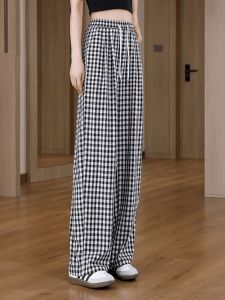 กางเกงขายาวทรงหลวมเอวยางยืดสูงทรงตรงลายสก็อตสำหรับผู้หญิงในฤดูร้อน กางเกงขายาวลำลองทรงหลวมสไตล์สปอร์ต