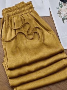 High Waist Silk Satin Wide Leg Pants Womens Summer Casual Trousers Floral Embroidery Thin New Style Chinese Style