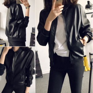Black Biker Jacket Short Stand Collar Zipper Fashionable Simple Womens Leather Coat Stylish Mechanical Style Slim Fit Long Sleeve