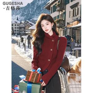 Red Zodiac Year High Collar Single Button Knitted Sweater Womens Autumn Winter New Style Elegant High-End Feeling Anti-Aging Top