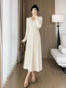 ฤดูใบไม้ร่วง ฤดูหนาว ถัก เดรส ผู้หญิง สูง เอว ทรงเอ เสื้อสเวตเตอร์ เดรส ยาว เดรส มีเข็มขัด สวมใส่ภายใน เรียบหรู Ladylike Sensation