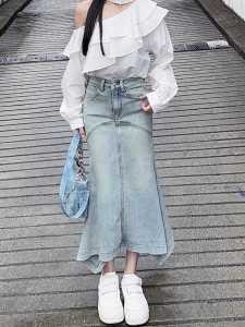 กระโปรงยีนส์ทรงเอเอวสูง กระโปรงทรงเอยาวปานกลาง กระโปรงทรงเอกระชับสัดส่วน ฤดูร้อน 2024 กระโปรงทรงเอทรงเอ