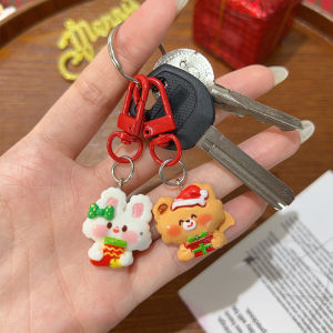 【♡Lovely girls house♡】6Pcs Cartoon Elk Santa Claus Metal Keychains Cute Key Holder Bag Pendant Christmas Gifts