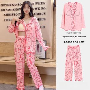 MiiOW | Loose Long Sleeve Sleepwear Set For Women With Chest Pad Sweet Home Clothes Cat Person Style Fashionable Spring Autumn New Arrival