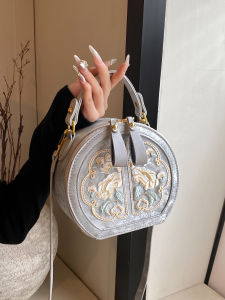 Chic Versatile Small round Bag for Women Summer Trendy Crossbody Handbag Embroidered Soft PU Leather Floral Pattern Youth Fashion