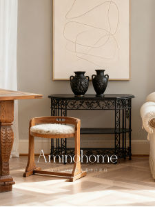 Retro Solid Wood Makeup Chair Sheepskin Short Stool Island Table Dining Chair Backrest Design Living Room Furniture Decor