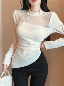 GUZILIAN | Velvet Long Sleeve T-Shirt Women Autumn Winter Half High Collar Lace Base Shirt Inner Wear Slim Fit Korean Style Commute Style