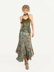 Nico Molly Original Forest System Elf Print Strap Vest Two Piece Set Irregular Half Skirt Vintage Feelings Fashion Set