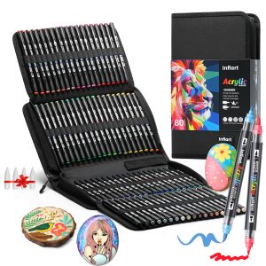 ปากกาสีอะคริลิค ปากกามาร์กเกอร์สีปลายคู่ ปากกาปลายละเอียดและปลายแปรงสำหรับหิน ไม้ ผ้าใบ Et อุปกรณ์ศิลปะ พร้อมกล่องแบบพกพา