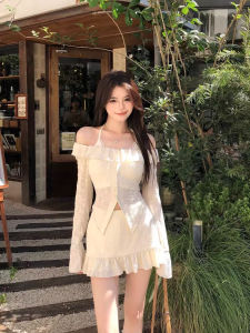 French Style Pure Desire Spicy Girl Three-Piece Set Lace Open Cardigan Top Strap Vest Mini Skirt Fashionable Ensemble