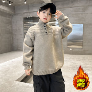 Thickened Half-Unbuttoned Knitted Sweater for Boys Winter New Style Korean Version Warm Long Sleeve Fleece-lined Childrens Wear